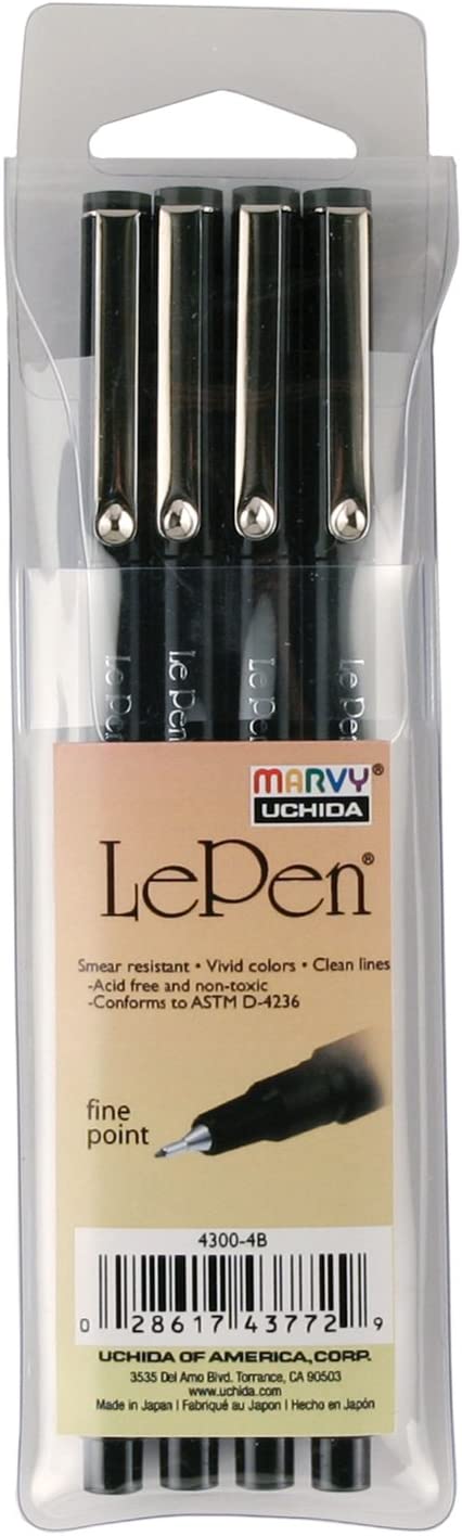 Uchida Of America 4-Piece 0.3 Point Size Le Drawing Pen Set Art Supplies, Balck